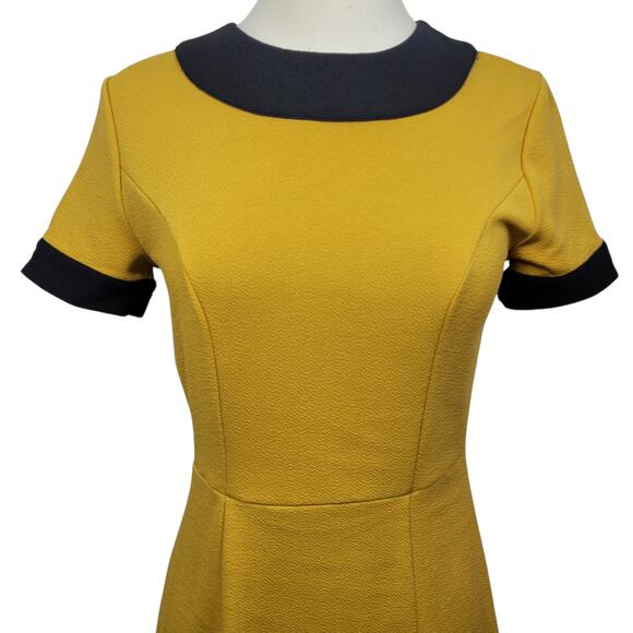 Smak Parlour Mustard Yellow Fit & Flare Dress S Retro Mod Contrast Trim - Picture 2 of 9